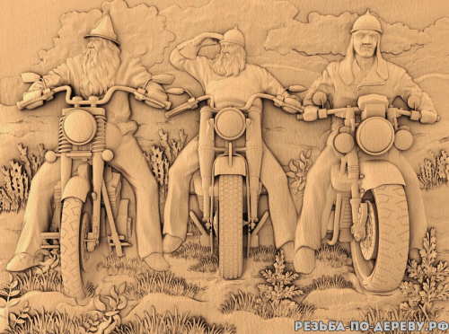 Резное панно Богатыри на мотоциклах  из дерева